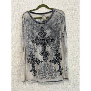 Vintage-Style Long Sleeve Distressed Cross Graphic Top Local Brand Size L/XL Mad